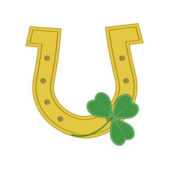 Happy golden horseshoe with three-leaf clover for St. Patrick's Day, color vector isolated illustration on a white background in flat style, icon, logo, design, decoration, sticker, print