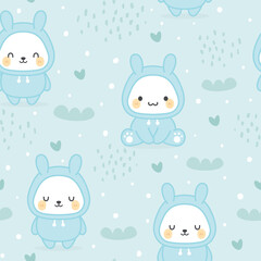 Bunny Rabbit wearing hoodie, Kawaii seamless pattern, vector illustration background, easter wallpaper for kids