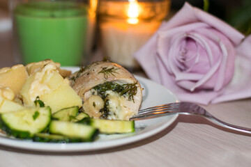 recipe for proper nutrition step by step. Delicious and healthy chicken or turkey with herbs and cheese. Step 5: Serve to taste, with potatoes, pasta or vegetables. I have potatoes with cucumbers