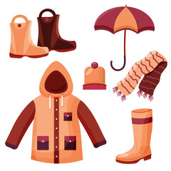 Autumn and spring clothes: raincoat, rubber boots, open umbrella, scarf . set of rainy season