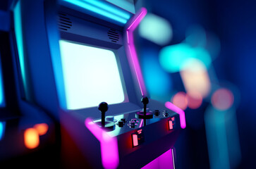 Retro neon glowing arcade machines in a games room. 3D render illustration. - 410158771