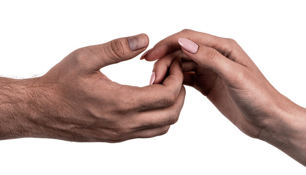 Female and male black hands  isolated white background showing interlocked fingers gesture. african woman and man hands showing different joint gesture
