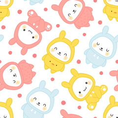 Bunny Rabbit wearing hoodie, Kawaii seamless pattern, vector illustration background, easter wallpaper for kids