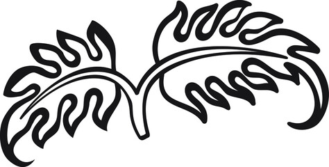 twig with two long ornate leaves isolated black vector silhouette