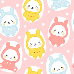 Bunny Rabbit wearing hoodie, Kawaii seamless pattern, vector illustration background, easter wallpaper for kids