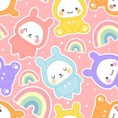 Bunny Rabbit wearing hoodie, Kawaii seamless pattern, vector illustration background, easter wallpaper for kids