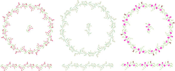 Detailed contour wreathes with flowers and herbs isolated on white. Round frame for your design, greeting cards, wedding announcements, posters.Seamless pattern brushes.