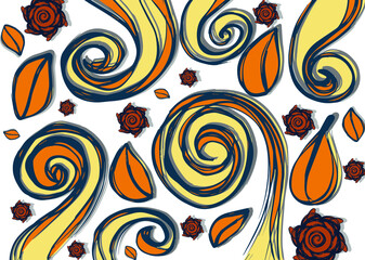 Patterns with roses,leaves and branch on the white isolated background