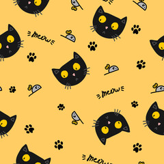 Seamless pattern. Mysterious black cat with yellow eyes, small grey mouse with a key and small black feline footprints. Funny texture in warm tones for textile or wrapping paper