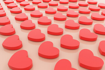 Red hearts on reflective pink surface in pattern for valentine's day, social media, 3d render.