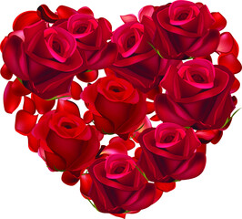 Red heart made of rose petals on white.