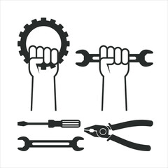 set of hands and mechanic tools icon. icon for auto service or other.