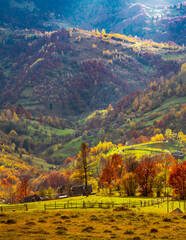 Beautiful nature of the carpathians in the hills of the sky, forests and a small village