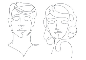 One line drawing face. Modern minimalism art, aesthetic contour. Abstract woman and man portrait minimalist style. Single line vector illustration