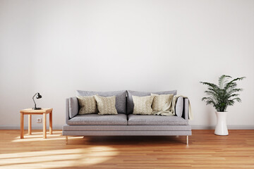 minimalistic living room interior with single vintage sofa in front of white wall; copy space; 3D Illustration