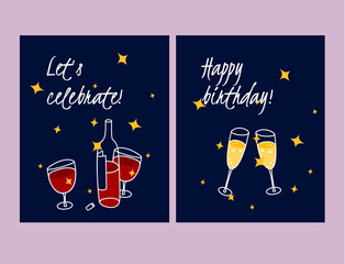 Happy birthday card set. Wine bottles  and glasses on the table in doodle style. Champagne glasses with sparkling wine. Celebration and greeting template for postcard, poster or flyer design.
