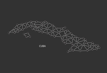 Cuba Map Point scales on black background. Wire frame polygonal network white line, dot and shadow dot.