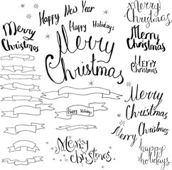 Phrase Merry Christmas in different styles. Hand drawn text
