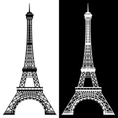 Eiffel Tower White and Black set. Vector silhouettes icons illustrations.	