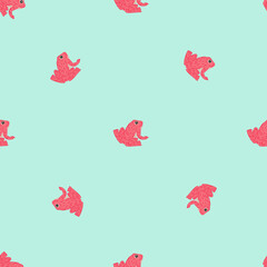 Minimalistic style seamless pattern with doodle pink simple frog silhouettes. Light blue background.