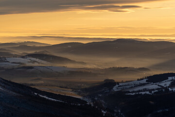 Fototapeta na wymiar Majestic sunset in the winter mountains landscape. High resolution image. Kralicky snežník czech