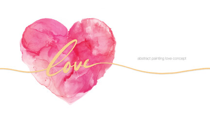 Heart shape fluid painting by pink red watercolor and alcohol ink with gold love letter calligraphy isolated on white background in concept of love, valentine, wedding.