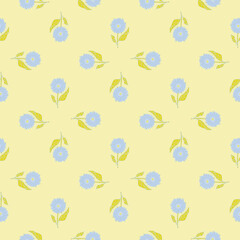 Light hand drawn seamless pattern with blue sunflowers elements. Yellow background. Summer print.
