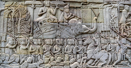 Angkor wat wall carving in Cambodia - obrazy, fototapety, plakaty