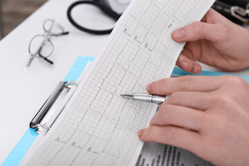 Doctor examining cardiogram at table in clinic, closeup