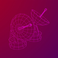 Radar. Directional radio antenna with satellite dish. Astronomy radio telescope . Wireframe low poly mesh vector illustration