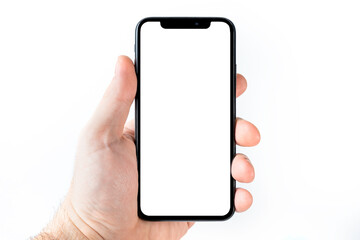 The hand is holding the white screen, the mobile phone is isolated on a white background with the clipping path.