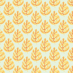 Creative seamless pattern with orange hand drawn monstera foliage shapes. Light background.