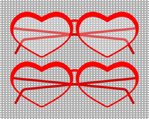 Heart shaped glasses. Isolated vector clipart with transparent lenses. Red color. Transparent background. 