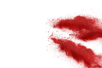 Red powder explosion on white background. Colored cloud. Colorful dust explode. Paint Holi.