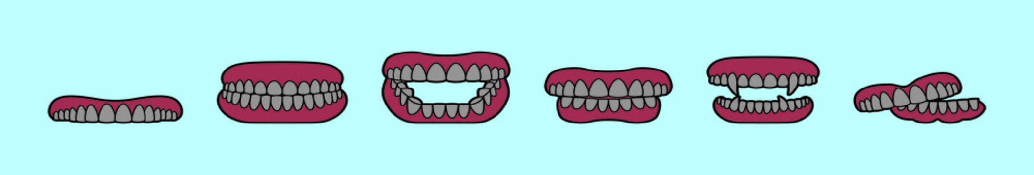 set of false teeth cartoon icon design template with various models. vector illustration isolated on blue background
