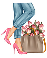 Beautiful girl legs and bag with tulips bouquet. Hand drawn fashion illustration
