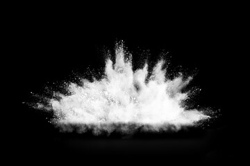 Explosion of white powder isolated on black background. Abstract colored background. holi festival.