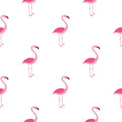 Isolated seamless exotic animal pattern with doodle pink flamingo silhouettes. White background.
