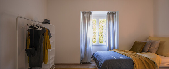 Modern bedroom with two singles beds with clean bed sheets and large pillow above. White wall