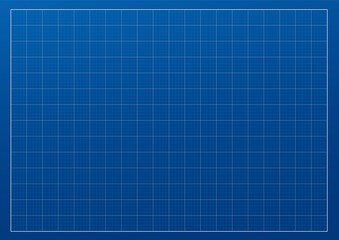 Blueprint empty template with vertical and horizontal lines on a blue gradient background with 1cm step. Blank checkered grid for architectural and engineering projects