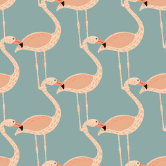 Creative hand drawn seamless pattern with pastel pink flamingo ornament. Blue pastel background. © Purple_Lamp