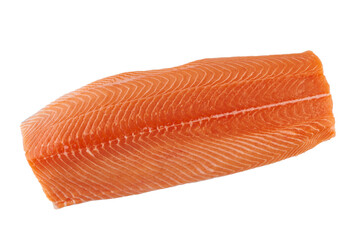 Fresh raw whole salmon fillet uncooked fish isolated on white background, top view
