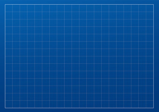 Blueprint empty template with vertical and horizontal lines on a blue gradient background with 1cm step. Blank checkered grid for architectural and engineering projects