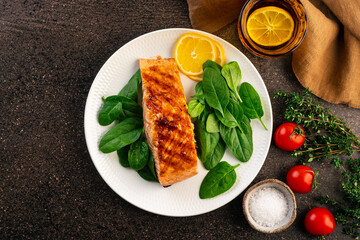 Baked or fried salmon and salad, Paleo, keto, fodmap, dash diet. Mediterranean food with steamed fish. Oven asian dish with teriyaki. Healthy concept, gluten free, lectine free, top view