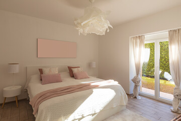 Modern, bright and luxury bedroom in design apartament. Fresh bed sheets and pillows above
