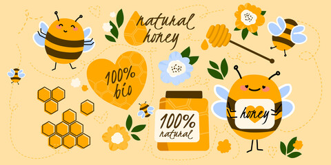 Bee vector set. Illustration with honey, bumblebee, honeycomb and flowers. Character and logo design for natural and bio products, banners and postcards