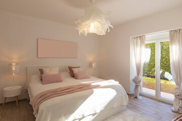 Modern, bright and luxury bedroom in design apartament. Fresh bed sheets and pillows above