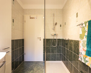 Bathroom with glass shower, tiles green and white. Door is temporary close.
