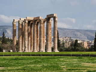 Ruins and columns of the Temple of Olympian Zeus (Olympieion) in Athens, Greece