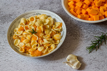 Orecchiette with pumpkin. Typical Italian fresh pasta